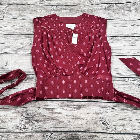 NWT Anthropologie Gauze Burgundy Patterned Blouse With Waist Tie Size M - Picture 7 of 11